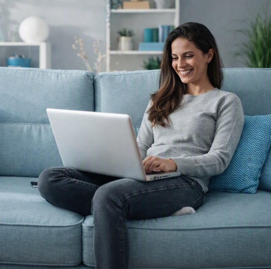 Woman working calmly on a laptop at home